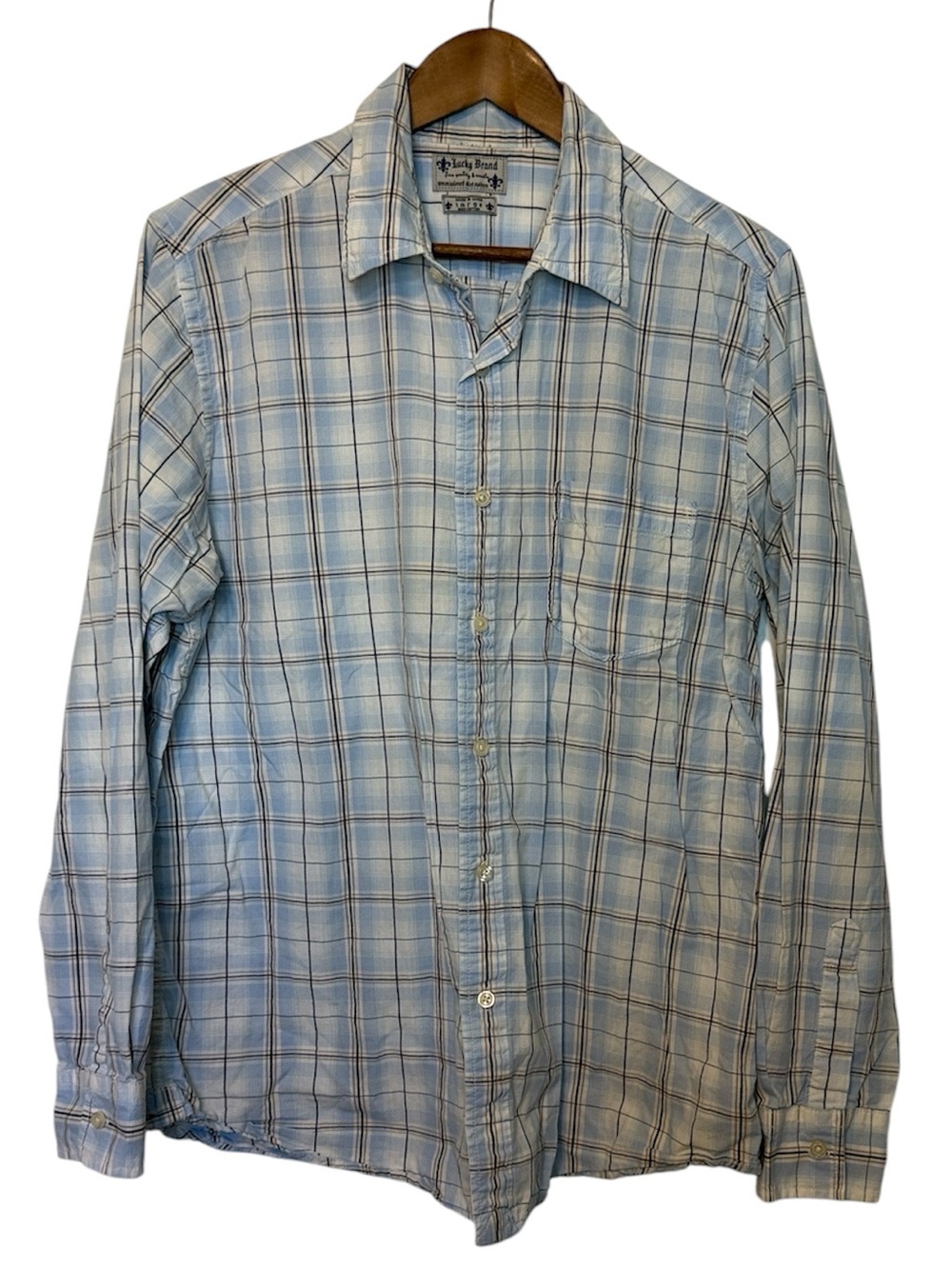 Lucky Brand Long Sleeve Shirt Button Up Plaid Blue Western Casual 100% Cotton L